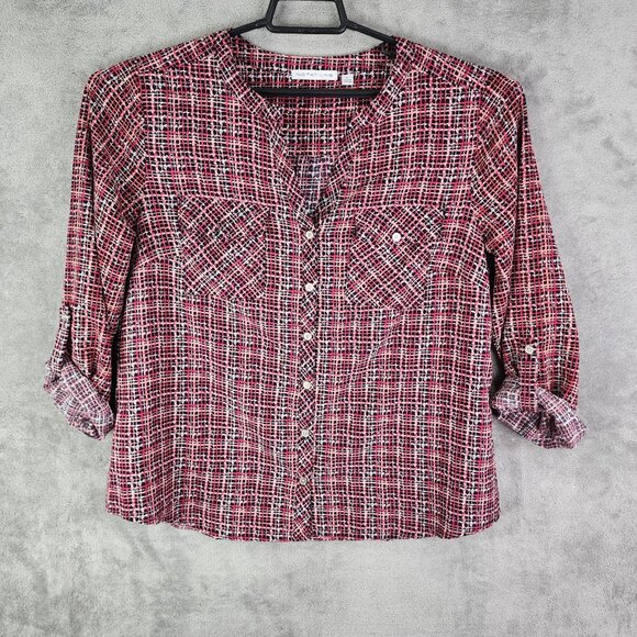 Women's Notations Red & Black Plaid Button-Down Blouse Top Roll Rab Sleeves L - Picture 2 of 11